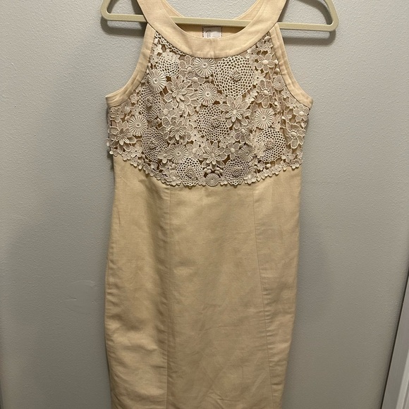 Anthropologie Postage Stamp Oleander crochet Linen Sheath Dress Size 10 Cream - Picture 5 of 14